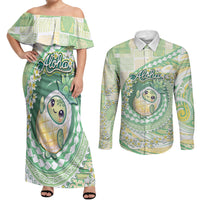 Hawaii Pineapple Couples Matching Off Shoulder Maxi Dress and Long Sleeve Button Shirt Cute Cosplay Turtle Plumeria Spiral