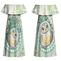 Hawaii Pineapple Couples Matching Off Shoulder Maxi Dress and Long Sleeve Button Shirt Cute Cosplay Turtle Plumeria Spiral