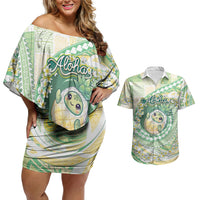 Hawaii Pineapple Couples Matching Off Shoulder Short Dress and Hawaiian Shirt Cute Cosplay Turtle Plumeria Spiral