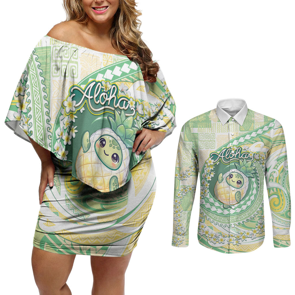 Hawaii Pineapple Couples Matching Off Shoulder Short Dress and Long Sleeve Button Shirt Cute Cosplay Turtle Plumeria Spiral