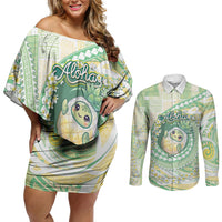 Hawaii Pineapple Couples Matching Off Shoulder Short Dress and Long Sleeve Button Shirt Cute Cosplay Turtle Plumeria Spiral