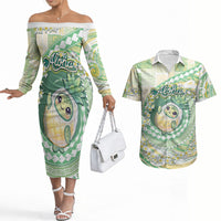 Hawaii Pineapple Couples Matching Off The Shoulder Long Sleeve Dress and Hawaiian Shirt Cute Cosplay Turtle Plumeria Spiral
