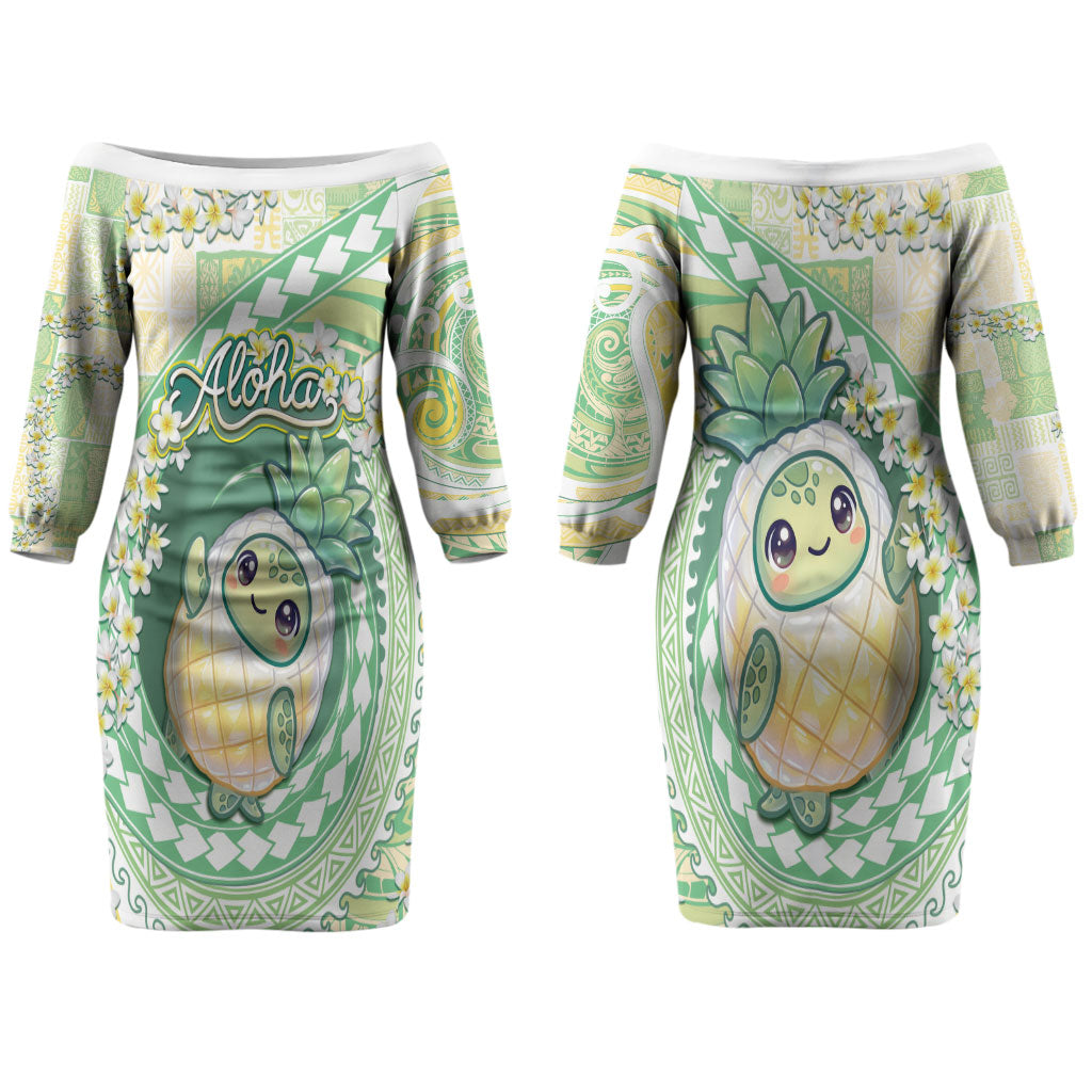 Hawaii Pineapple Couples Matching Off The Shoulder Long Sleeve Dress and Hawaiian Shirt Cute Cosplay Turtle Plumeria Spiral