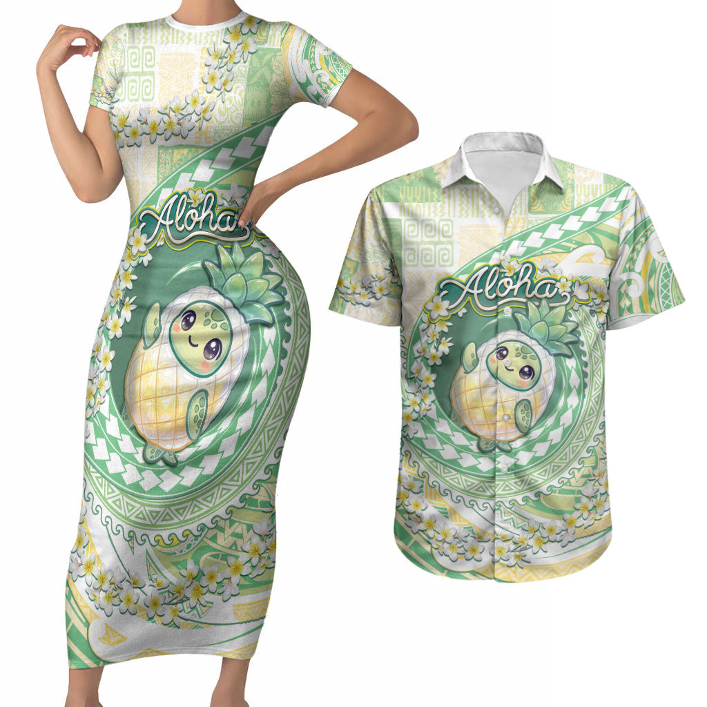 Hawaii Pineapple Couples Matching Short Sleeve Bodycon Dress and Hawaiian Shirt Cute Cosplay Turtle Plumeria Spiral