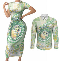 Hawaii Pineapple Couples Matching Short Sleeve Bodycon Dress and Long Sleeve Button Shirt Cute Cosplay Turtle Plumeria Spiral