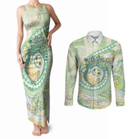 Hawaii Pineapple Couples Matching Tank Maxi Dress and Long Sleeve Button Shirt Cute Cosplay Turtle Plumeria Spiral