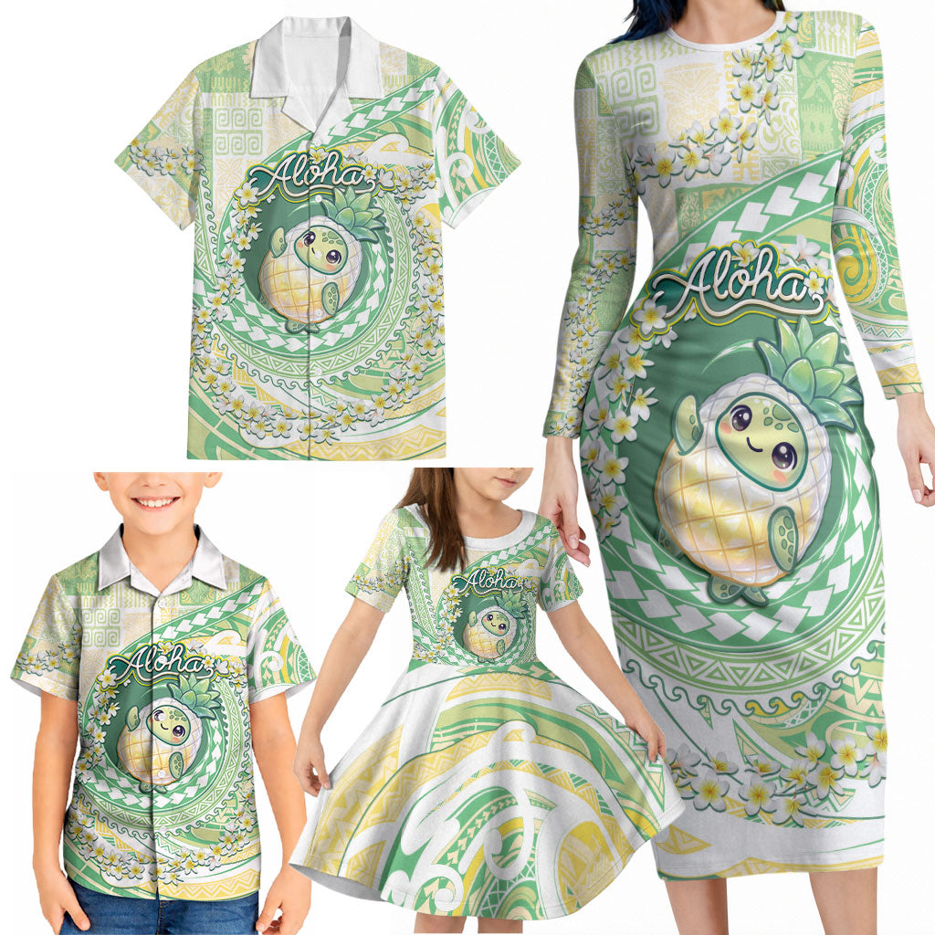 Hawaii Pineapple Family Matching Long Sleeve Bodycon Dress and Hawaiian Shirt Cute Cosplay Turtle Plumeria Spiral