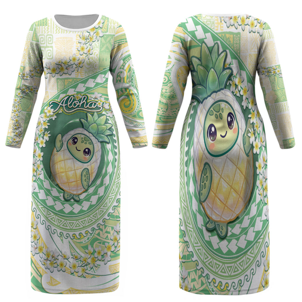 Hawaii Pineapple Family Matching Long Sleeve Bodycon Dress and Hawaiian Shirt Cute Cosplay Turtle Plumeria Spiral