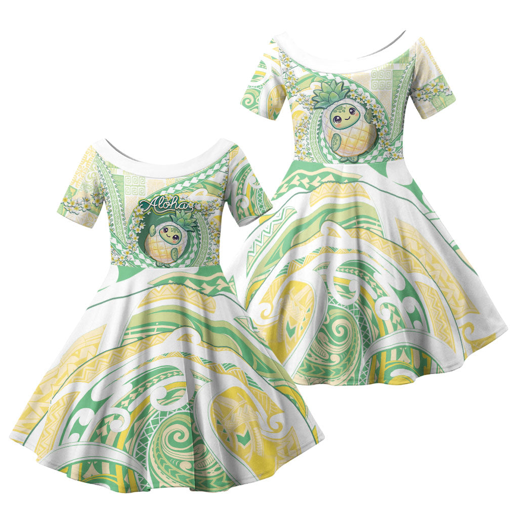 Hawaii Pineapple Family Matching Off The Shoulder Long Sleeve Dress and Hawaiian Shirt Cute Cosplay Turtle Plumeria Spiral