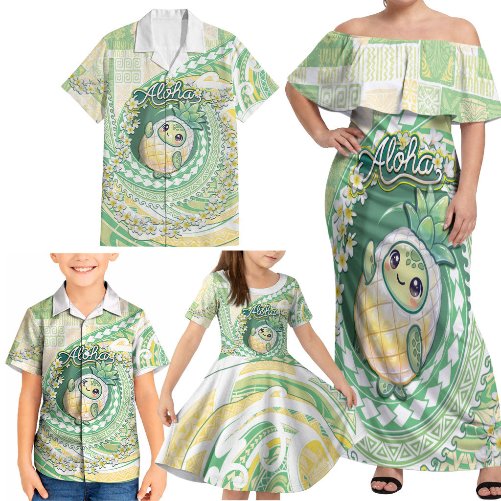 Hawaii Pineapple Family Matching Off Shoulder Maxi Dress and Hawaiian Shirt Cute Cosplay Turtle Plumeria Spiral