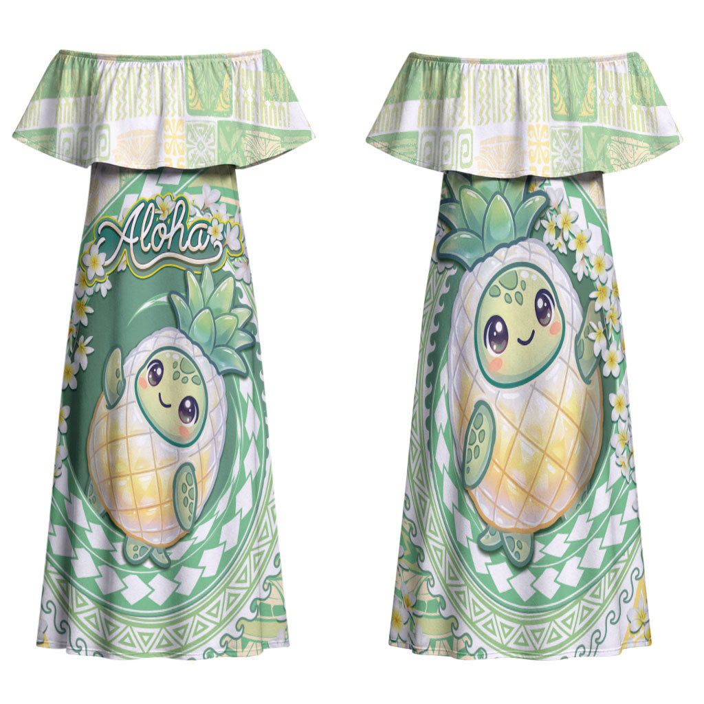 Hawaii Pineapple Family Matching Off Shoulder Maxi Dress and Hawaiian Shirt Cute Cosplay Turtle Plumeria Spiral