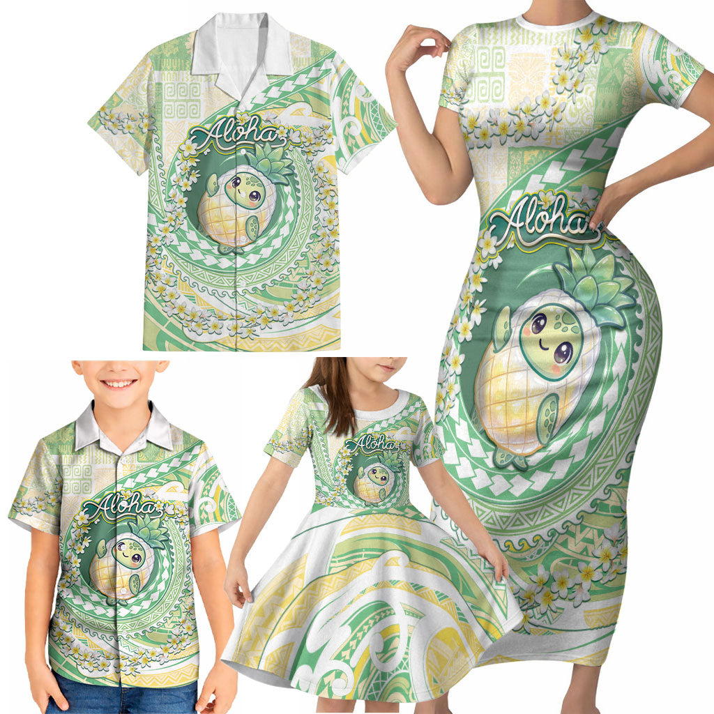 Hawaii Pineapple Family Matching Short Sleeve Bodycon Dress and Hawaiian Shirt Cute Cosplay Turtle Plumeria Spiral