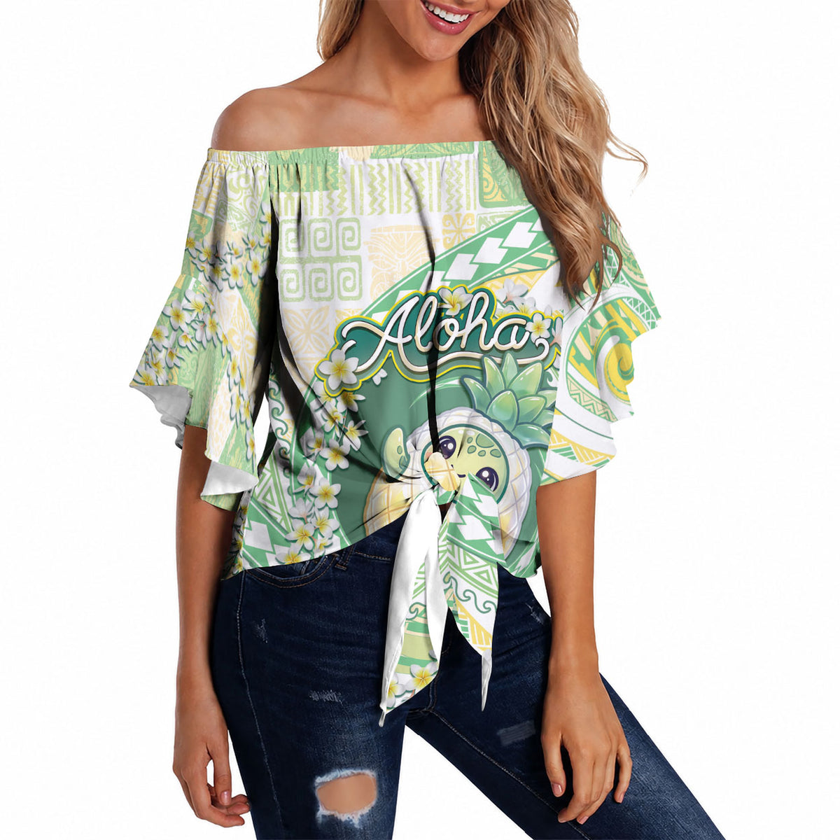 Hawaii Pineapple Off Shoulder Wrap Waist Top Cute Cosplay Turtle Plumeria Spiral