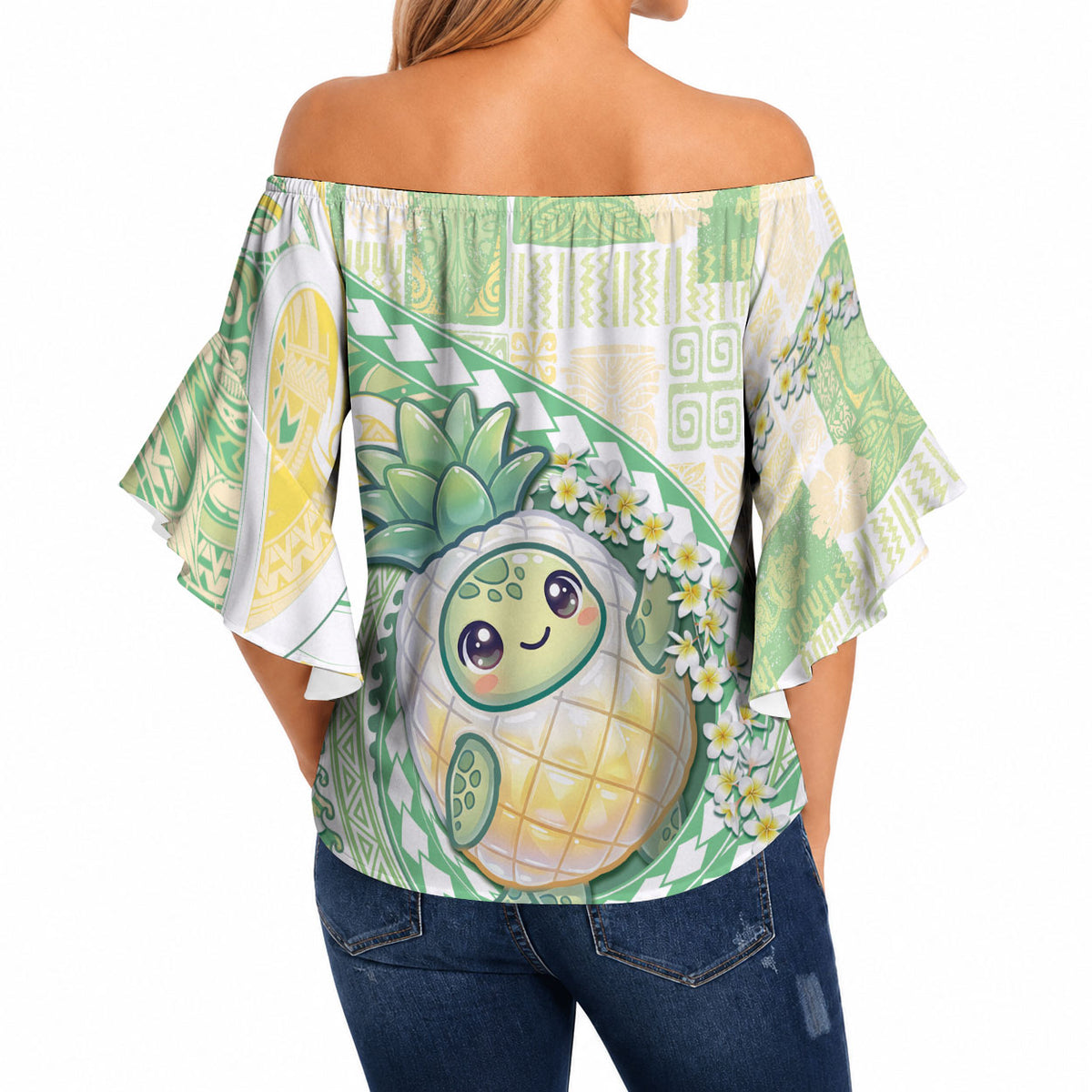 Hawaii Pineapple Off Shoulder Wrap Waist Top Cute Cosplay Turtle Plumeria Spiral