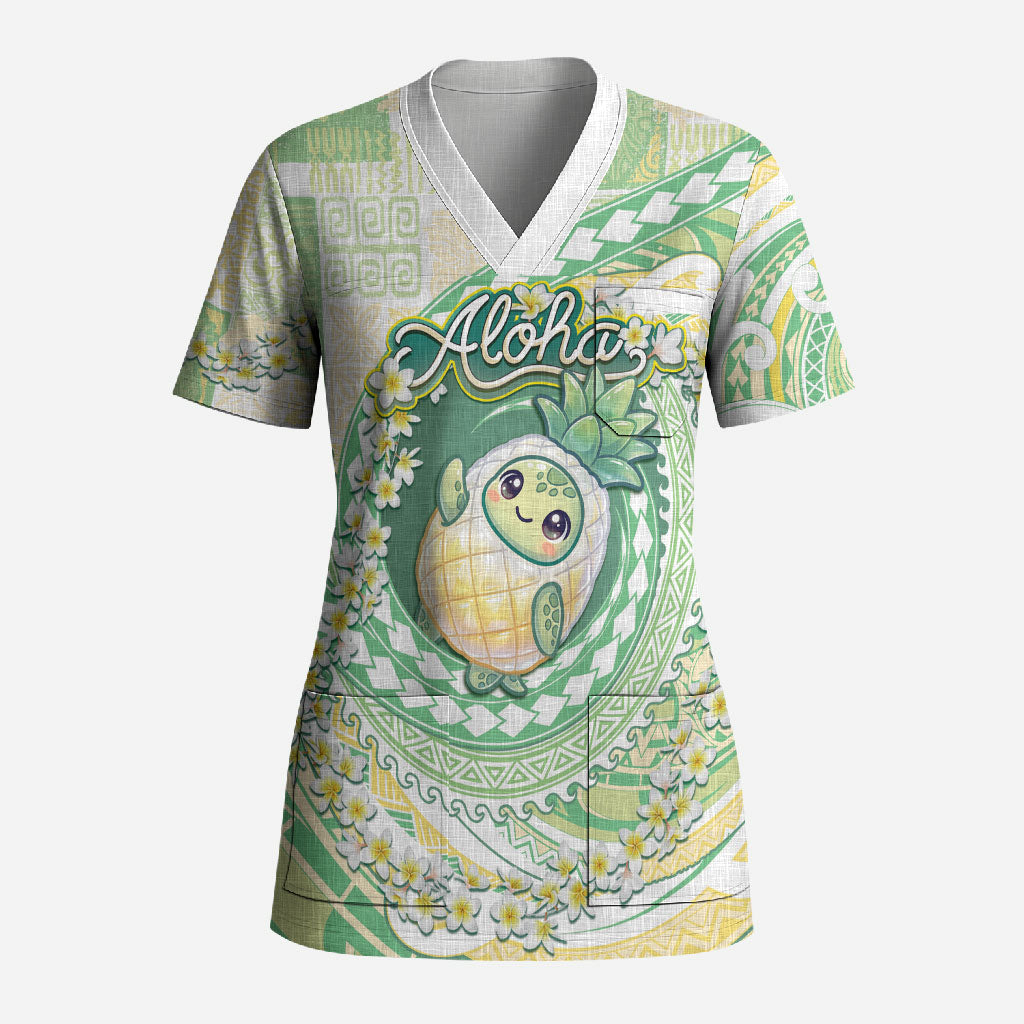 Hawaii Pineapple Scrub Top Cute Cosplay Turtle Plumeria Spiral
