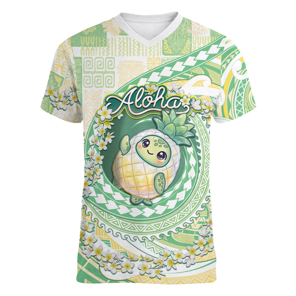 Hawaii Pineapple Women V-Neck T-Shirt Cute Cosplay Turtle Plumeria Spiral
