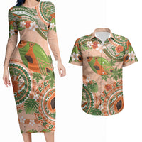 Hawaii Papaya Couples Matching Long Sleeve Bodycon Dress and Hawaiian Shirt Cute Cosplay Humuhumu Fish Plumeria Waves
