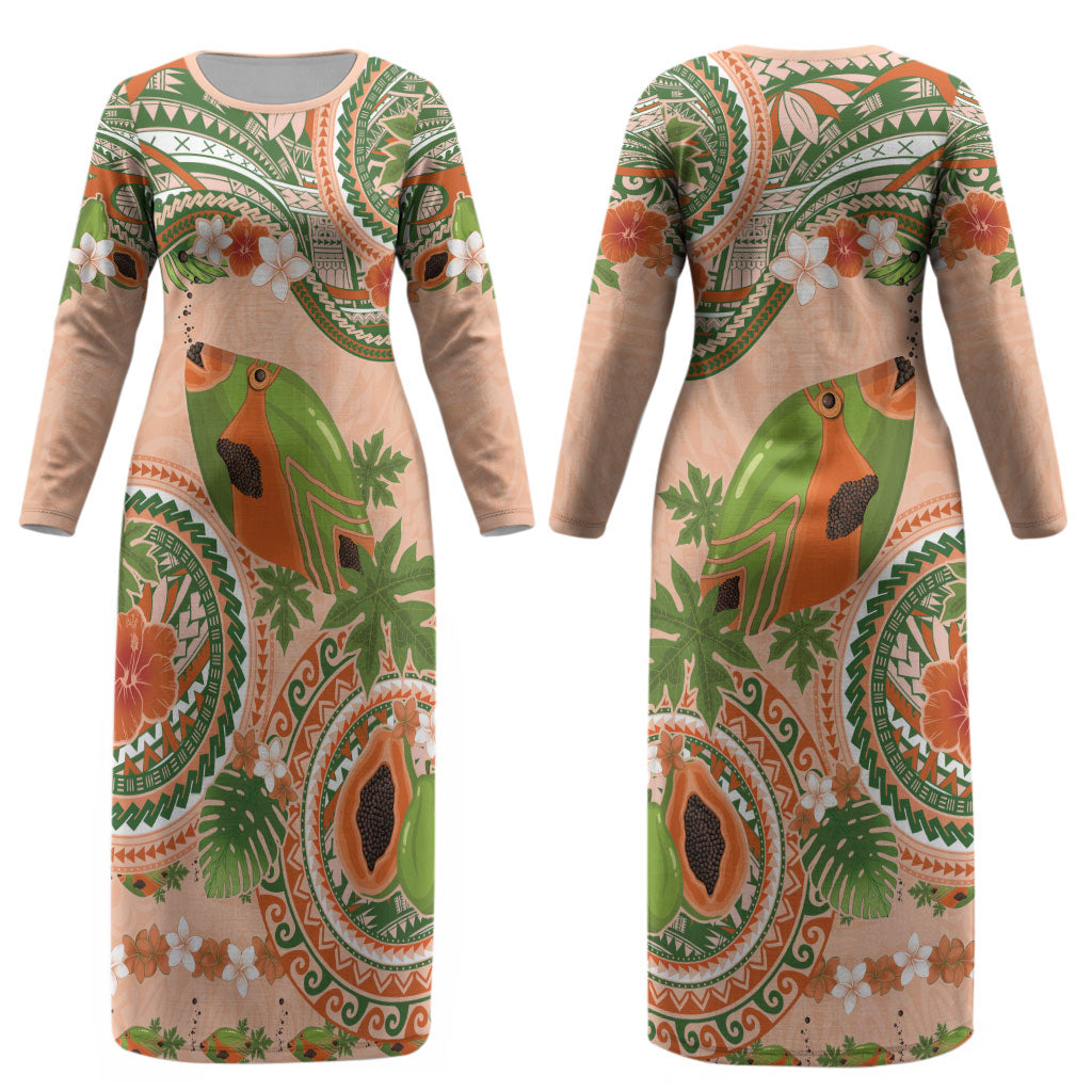 Hawaii Papaya Couples Matching Long Sleeve Bodycon Dress and Hawaiian Shirt Cute Cosplay Humuhumu Fish Plumeria Waves