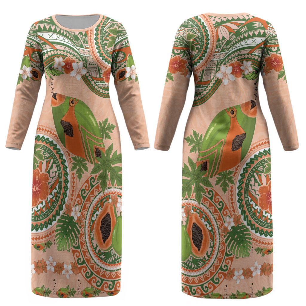 Hawaii Papaya Couples Matching Long Sleeve Bodycon Dress and Long Sleeve Button Shirt Cute Cosplay Humuhumu Fish Plumeria Waves