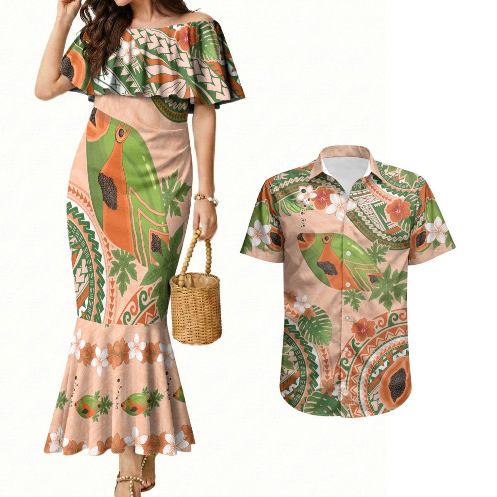 Hawaii Papaya Couples Matching Mermaid Dress and Hawaiian Shirt Cute Cosplay Humuhumu Fish Plumeria Waves