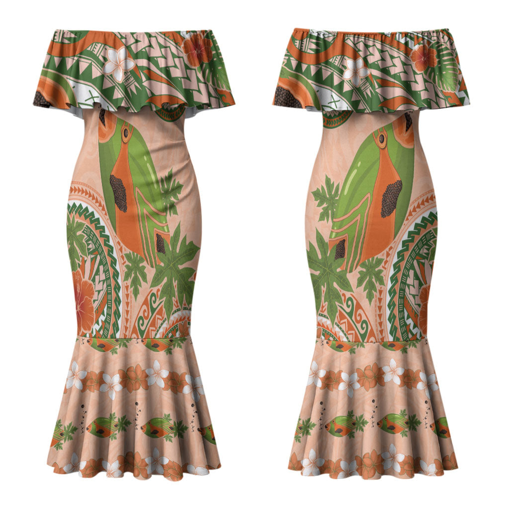 Hawaii Papaya Couples Matching Mermaid Dress and Hawaiian Shirt Cute Cosplay Humuhumu Fish Plumeria Waves