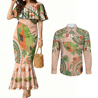Hawaii Papaya Couples Matching Mermaid Dress and Long Sleeve Button Shirt Cute Cosplay Humuhumu Fish Plumeria Waves