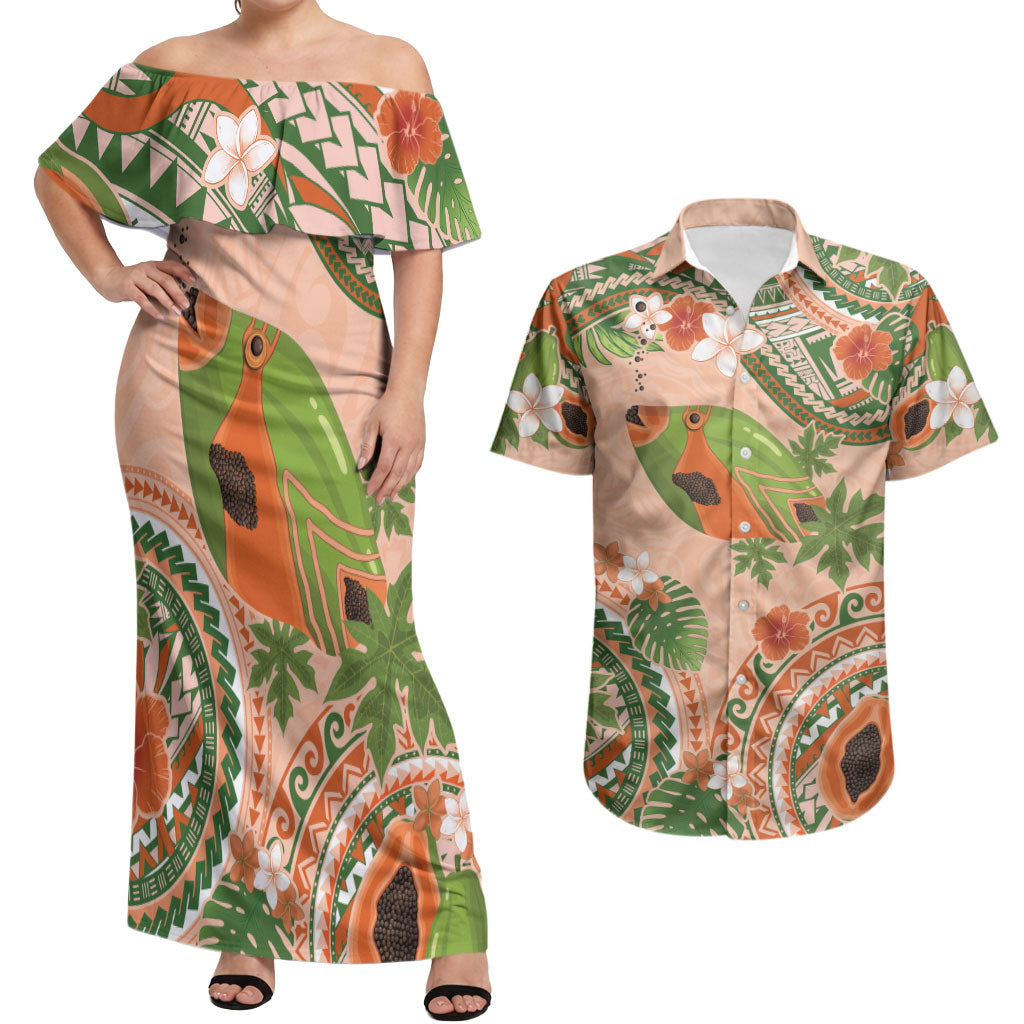 Hawaii Papaya Couples Matching Off Shoulder Maxi Dress and Hawaiian Shirt Cute Cosplay Humuhumu Fish Plumeria Waves