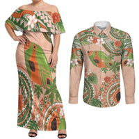 Hawaii Papaya Couples Matching Off Shoulder Maxi Dress and Long Sleeve Button Shirt Cute Cosplay Humuhumu Fish Plumeria Waves