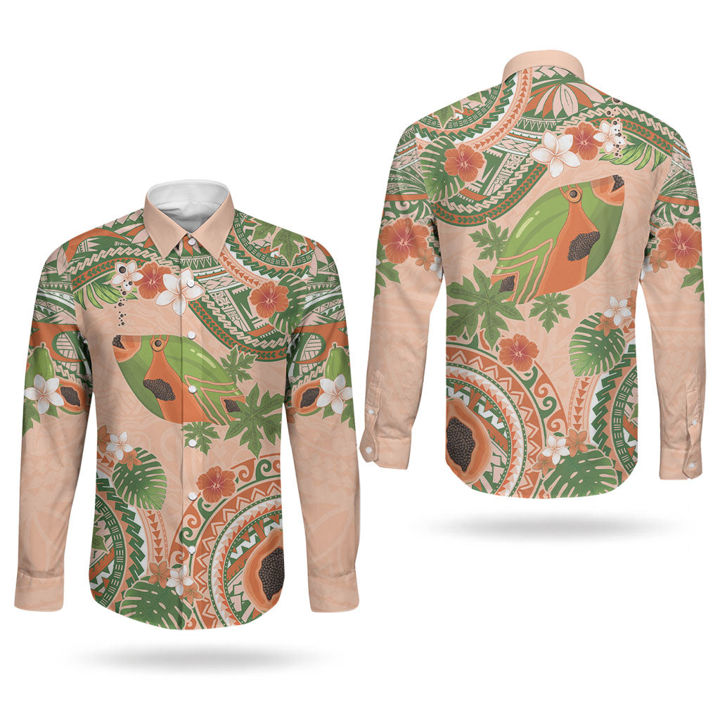 Hawaii Papaya Couples Matching Off Shoulder Maxi Dress and Long Sleeve Button Shirt Cute Cosplay Humuhumu Fish Plumeria Waves
