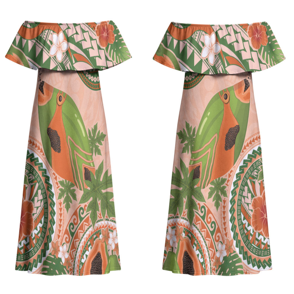 Hawaii Papaya Couples Matching Off Shoulder Maxi Dress and Long Sleeve Button Shirt Cute Cosplay Humuhumu Fish Plumeria Waves