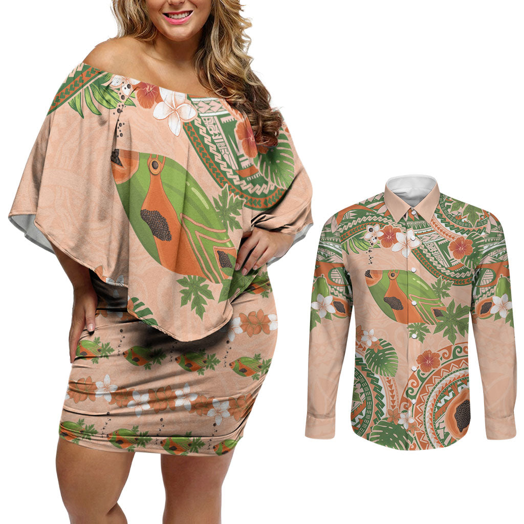 Hawaii Papaya Couples Matching Off Shoulder Short Dress and Long Sleeve Button Shirt Cute Cosplay Humuhumu Fish Plumeria Waves