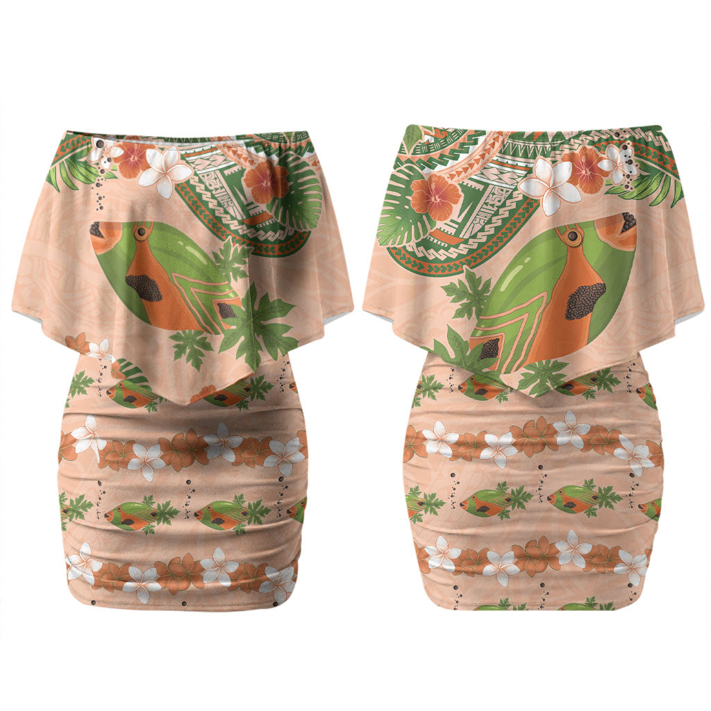 Hawaii Papaya Couples Matching Off Shoulder Short Dress and Long Sleeve Button Shirt Cute Cosplay Humuhumu Fish Plumeria Waves