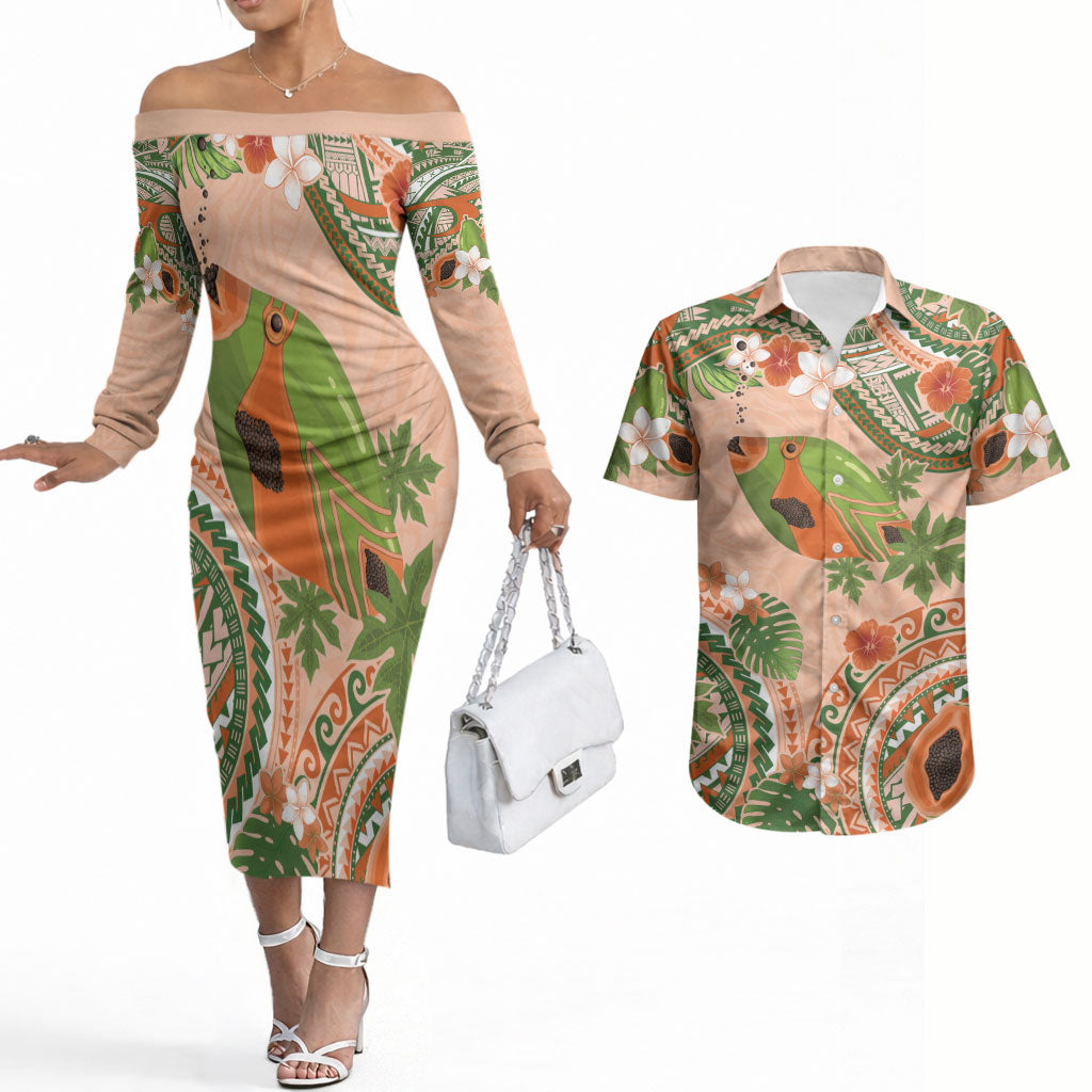 Hawaii Papaya Couples Matching Off The Shoulder Long Sleeve Dress and Hawaiian Shirt Cute Cosplay Humuhumu Fish Plumeria Waves
