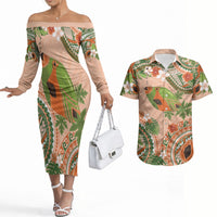 Hawaii Papaya Couples Matching Off The Shoulder Long Sleeve Dress and Hawaiian Shirt Cute Cosplay Humuhumu Fish Plumeria Waves