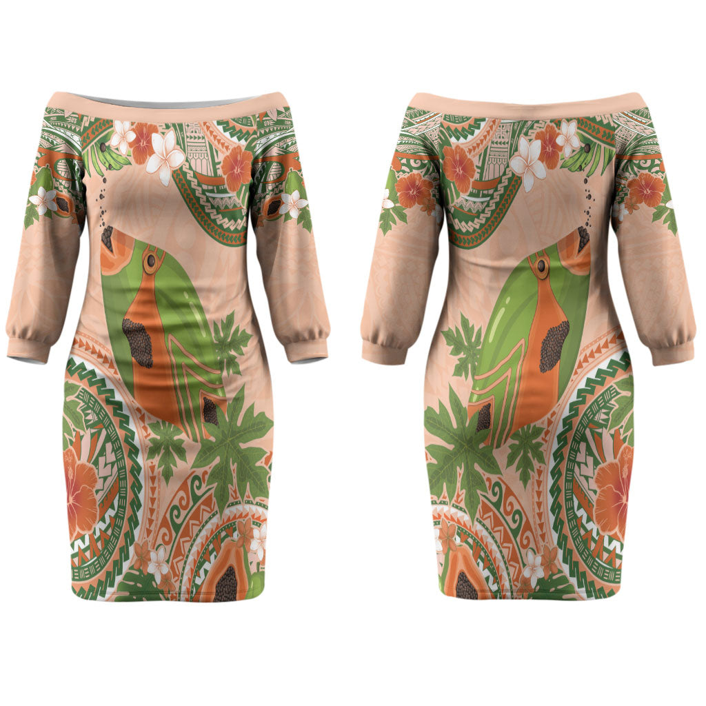 Hawaii Papaya Couples Matching Off The Shoulder Long Sleeve Dress and Hawaiian Shirt Cute Cosplay Humuhumu Fish Plumeria Waves