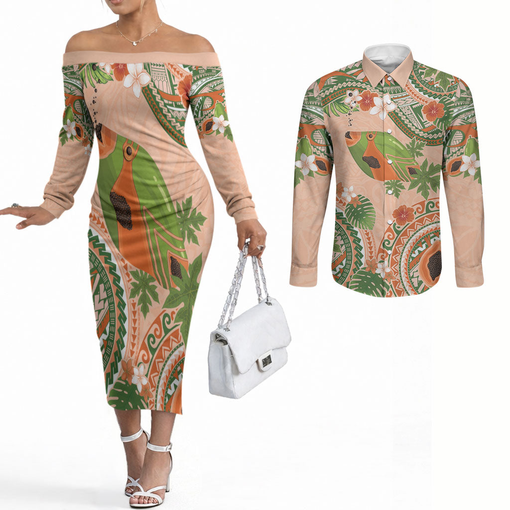 Hawaii Papaya Couples Matching Off The Shoulder Long Sleeve Dress and Long Sleeve Button Shirt Cute Cosplay Humuhumu Fish Plumeria Waves