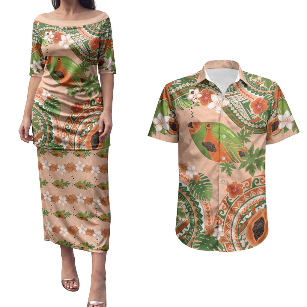 Hawaii Papaya Couples Matching Puletasi and Hawaiian Shirt Cute Cosplay Humuhumu Fish Plumeria Waves