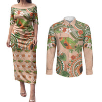 Hawaii Papaya Couples Matching Puletasi and Long Sleeve Button Shirt Cute Cosplay Humuhumu Fish Plumeria Waves