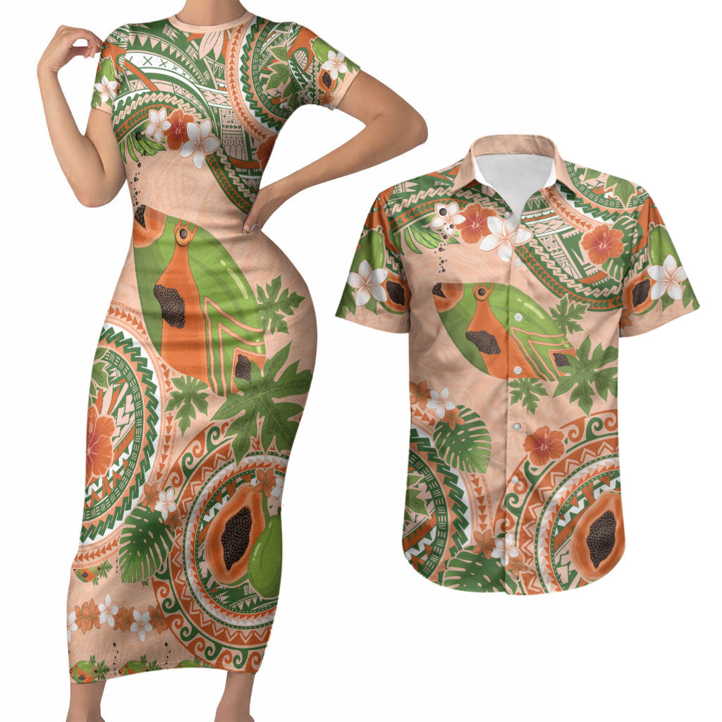 Hawaii Papaya Couples Matching Short Sleeve Bodycon Dress and Hawaiian Shirt Cute Cosplay Humuhumu Fish Plumeria Waves