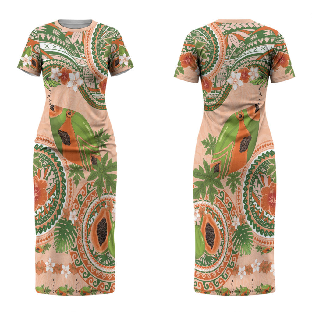 Hawaii Papaya Couples Matching Short Sleeve Bodycon Dress and Hawaiian Shirt Cute Cosplay Humuhumu Fish Plumeria Waves