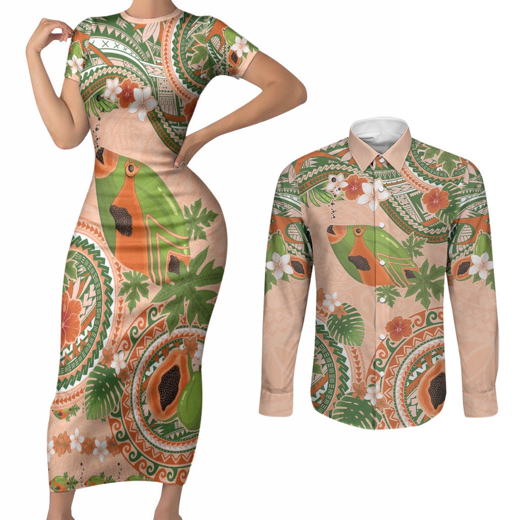 Hawaii Papaya Couples Matching Short Sleeve Bodycon Dress and Long Sleeve Button Shirt Cute Cosplay Humuhumu Fish Plumeria Waves