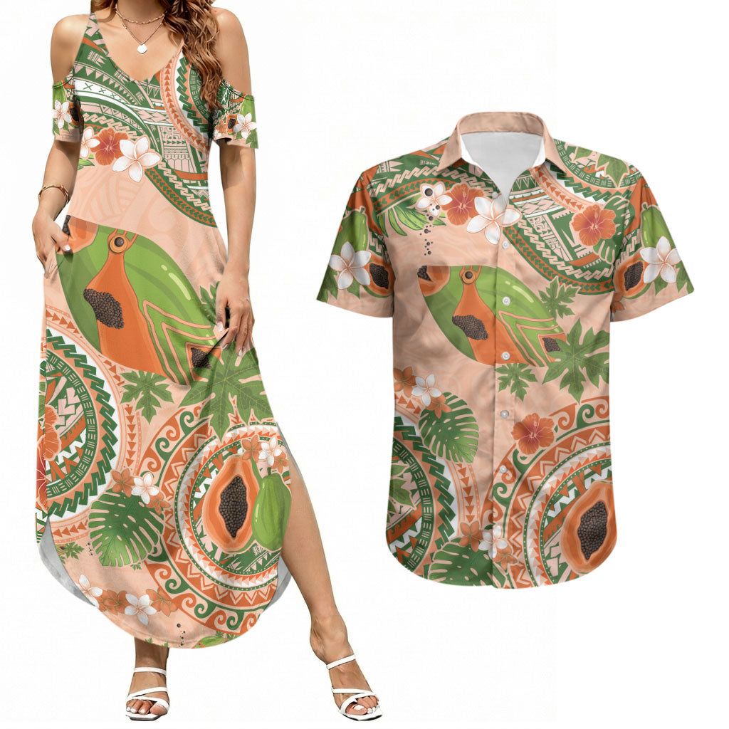 Hawaii Papaya Couples Matching Summer Maxi Dress and Hawaiian Shirt Cute Cosplay Humuhumu Fish Plumeria Waves