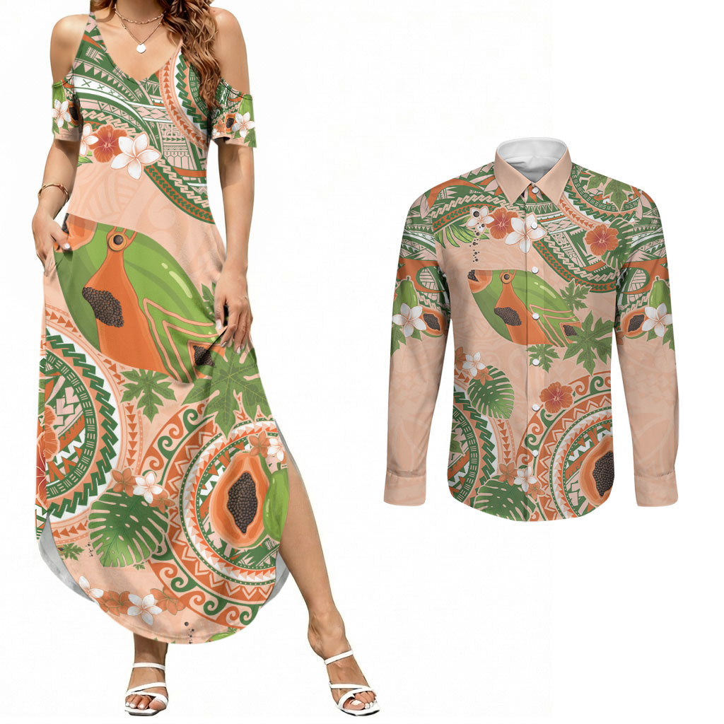 Hawaii Papaya Couples Matching Summer Maxi Dress and Long Sleeve Button Shirt Cute Cosplay Humuhumu Fish Plumeria Waves