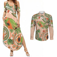 Hawaii Papaya Couples Matching Summer Maxi Dress and Long Sleeve Button Shirt Cute Cosplay Humuhumu Fish Plumeria Waves