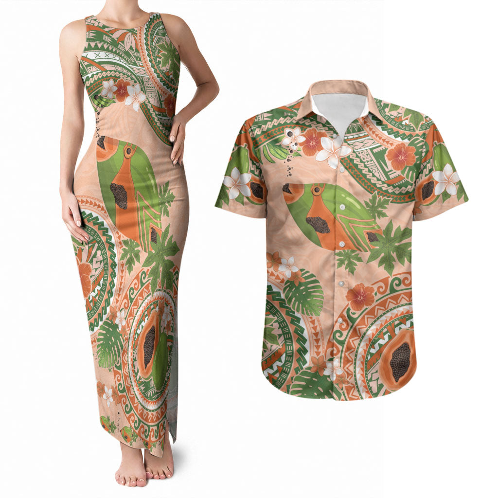 Hawaii Papaya Couples Matching Tank Maxi Dress and Hawaiian Shirt Cute Cosplay Humuhumu Fish Plumeria Waves
