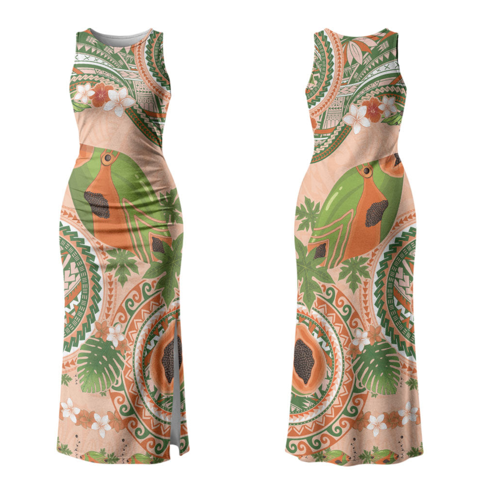 Hawaii Papaya Couples Matching Tank Maxi Dress and Hawaiian Shirt Cute Cosplay Humuhumu Fish Plumeria Waves