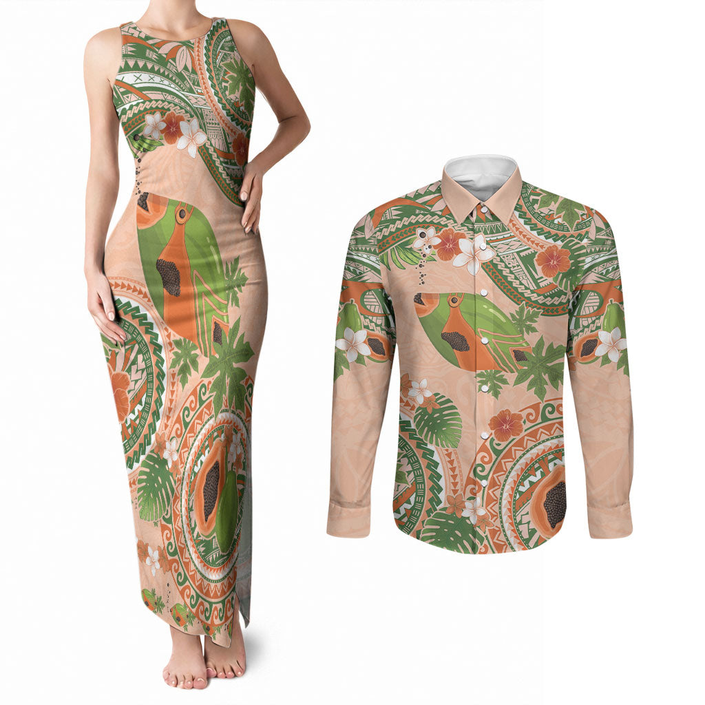 Hawaii Papaya Couples Matching Tank Maxi Dress and Long Sleeve Button Shirt Cute Cosplay Humuhumu Fish Plumeria Waves