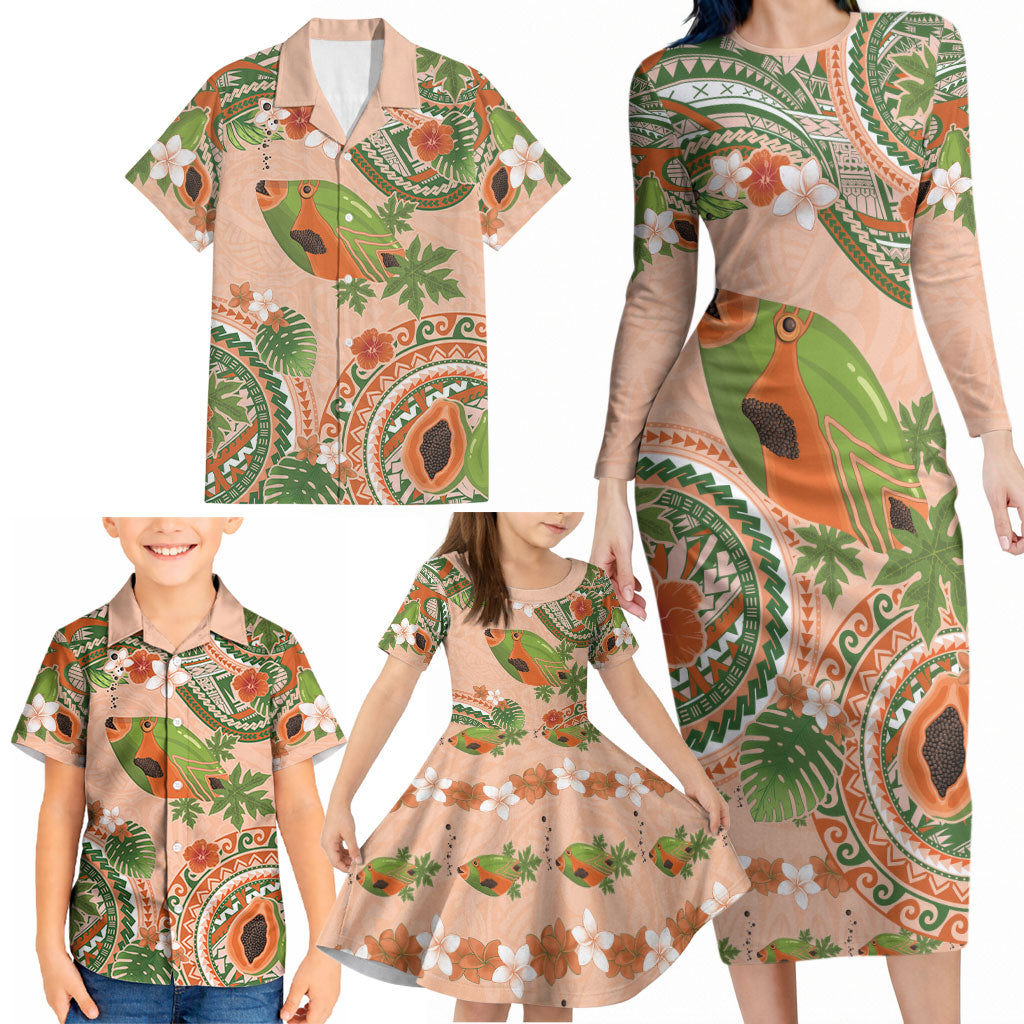 Hawaii Papaya Family Matching Long Sleeve Bodycon Dress and Hawaiian Shirt Cute Cosplay Humuhumu Fish Plumeria Waves