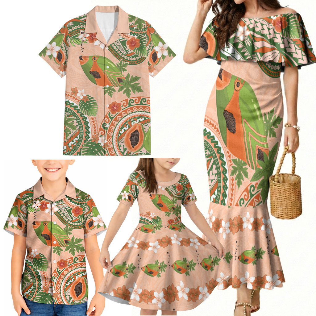 Hawaii Papaya Family Matching Mermaid Dress and Hawaiian Shirt Cute Cosplay Humuhumu Fish Plumeria Waves