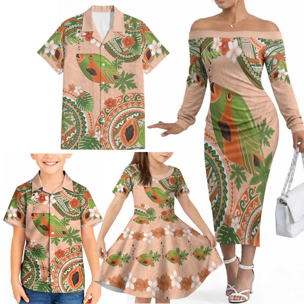 Hawaii Papaya Family Matching Off The Shoulder Long Sleeve Dress and Hawaiian Shirt Cute Cosplay Humuhumu Fish Plumeria Waves
